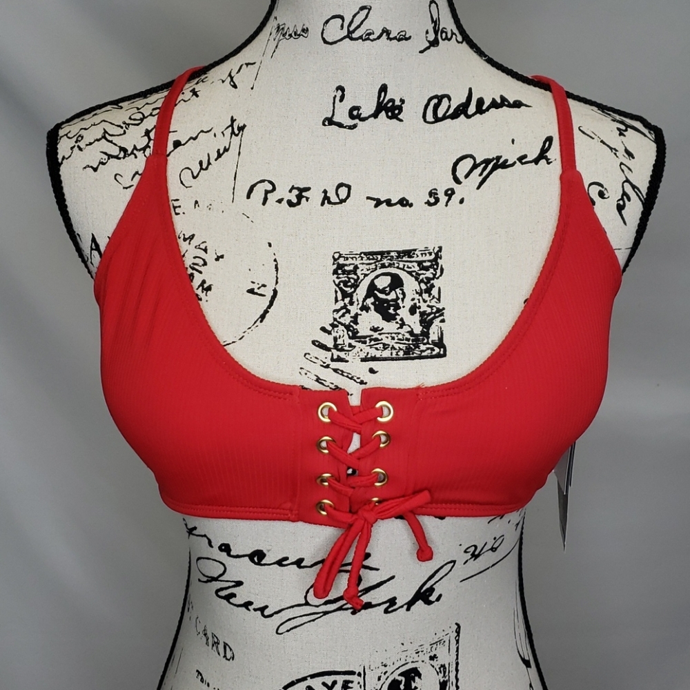 California Waves Red Lace Up Front Swim Top
